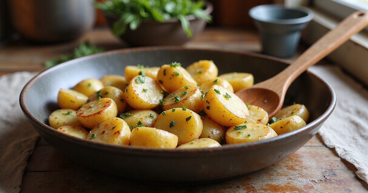 Gekochte Kartoffeln mit goldener Kruste und frischen Kräutern auf einem rustikalen Holztisch, warmes Licht von links