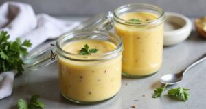 Kartoffelsuppe in verschließbaren Glasboxen mit frischer Petersilie auf heller Küchenplatte, helles Licht von links