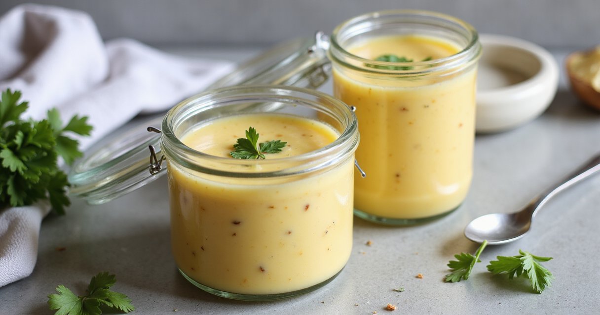 Kartoffelsuppe in verschließbaren Glasboxen mit frischer Petersilie auf heller Küchenplatte, helles Licht von links