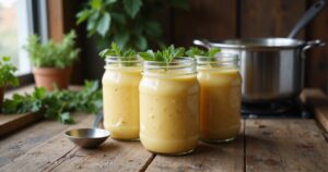 Eingekochte Kartoffelsuppe in Glasgefäßen mit frischen Kräutern auf einer Holzarbeitsplatte, warmes Licht von links