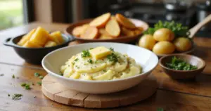 Drei verschiedene Kartoffelgerichte – Püree, Bratkartoffeln und gekochte Kartoffeln – auf hellem Küchentisch bei Tageslicht.