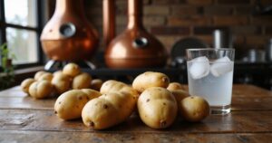 Frische Kartoffeln und ein Glas klarer Kartoffel-Vodka auf einem Holztisch bei warmem Licht