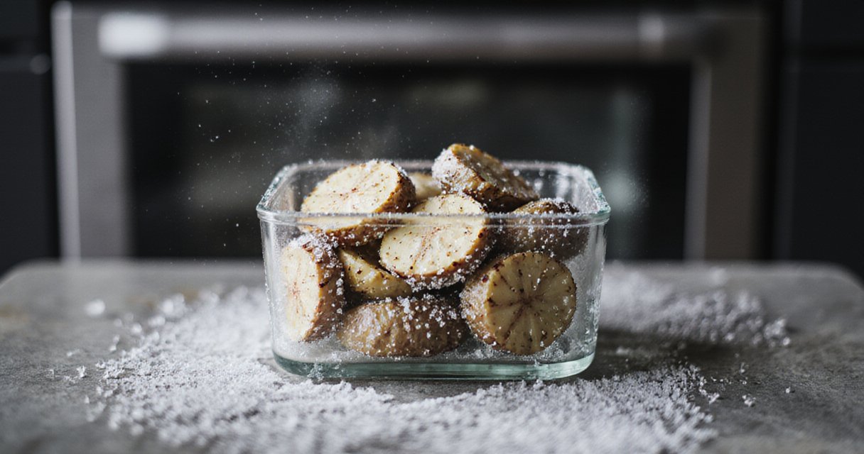 Gefrorene Kartoffeln in einem Glasbehälter mit Frostkristallen auf moderner Küchenarbeitsplatte vor offenem Gefrierfach