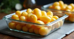 Glasboxen mit Ofenkartoffeln, Gemüse und Kräutern als Meal-Prep auf einer Küchenarbeitsplatte, natürlich beleuchtet.