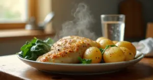 Gekochte Kartoffeln mit Spinat und Hähnchenbrust auf Holztisch, serviert bei warmem Tageslicht in sportlicher, gesunder Atmosphäre.