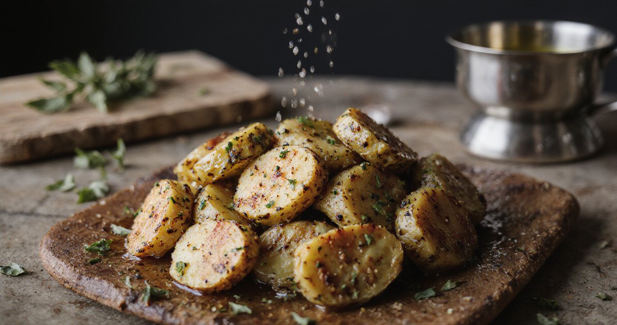 Goldbraune knusprige Ofenkartoffeln auf einem Blech, frisch gebacken mit Kräutern und Salz in moderner Küchenkulisse