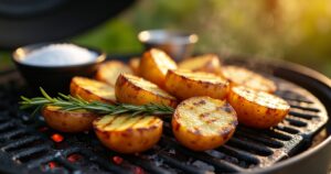 Goldbraun gegrillte Kartoffel auf dem Grillrost mit Kräutern und glühenden Kohlen im Hintergrund, leicht rauchige Stimmung.