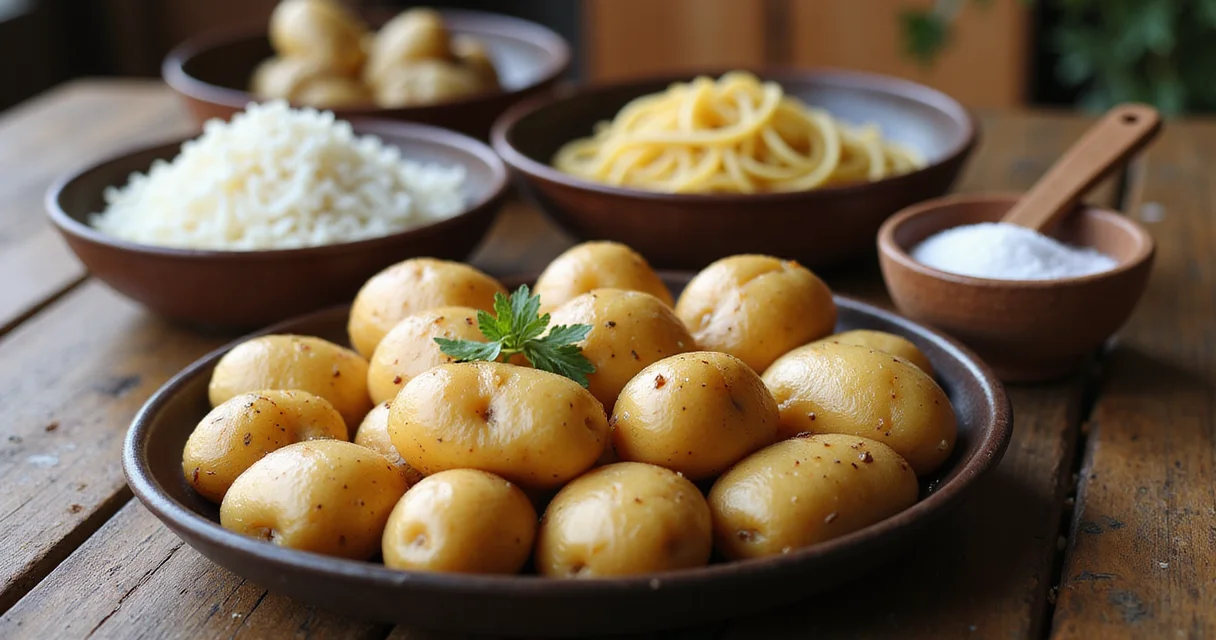 Gekochte Kartoffeln, Spaghetti und weißer Reis auf einem Holztisch, natürlich beleuchtet und detailreich fotografiert.