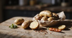 Frische Kartoffeln in einer Schale mit Gemüse wie Karotten und Brokkoli auf einem Holztisch, seitlich beleuchtet.