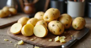 Mehrere gelbe Kartoffeln mit kleinen grünen Keimen liegen auf einem Holztisch neben einem Messer und Kartoffelschalen.