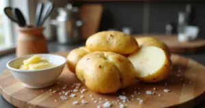 Dampfenede gekochte Kartoffeln auf einem Holztisch mit Butter und Meersalz im warmen Tageslicht