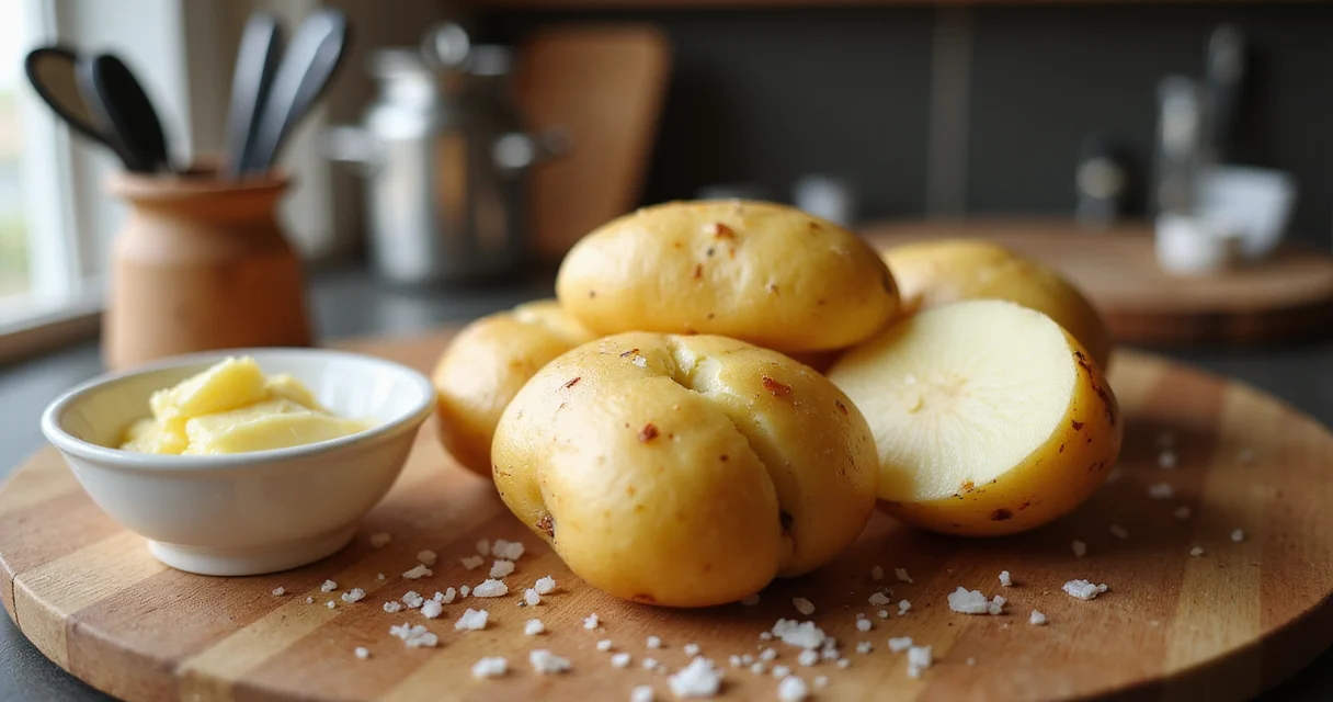 Dampfenede gekochte Kartoffeln auf einem Holztisch mit Butter und Meersalz im warmen Tageslicht