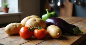 Verschiedene Nachtschattengewächse wie Kartoffeln, Tomaten, Auberginen und Paprika auf einem Holztisch bei warmem Licht.
