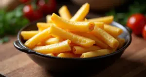 Frisch frittierte Pommes in einer Schüssel, daneben rohe Kartoffeln verschiedener Sorten auf einem Holzbrett in warmer Küche.