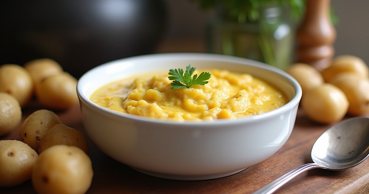 Cremiges Kartoffelpüree in einer Schale, umgeben von rohen und geschälten Kartoffeln mit Holzstampfer auf Holzbrett