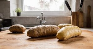 Nahaufnahme einer halb verdorbenen Kartoffel mit grünen Stellen neben einer frischen Kartoffel auf einem Holztisch in der Küche