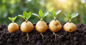 Kartoffelpflanzen mit Wurzeln und Knollen, die unter der Erde wachsen, in natürlicher Gartenumgebung bei Tageslicht