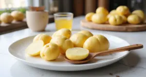 Gekochte Kartoffeln auf einem weißen Teller mit Holzlöffel, helles Licht und sanfte Farben, Fokus auf natürliche Struktur.