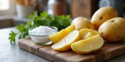 Mehrere gelbe Kartoffeln, teils aufgeschnitten, auf einem Holzbrett mit Schüssel Salz und Petersilie bei warmem Licht