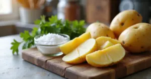 Mehrere gelbe Kartoffeln, teils aufgeschnitten, auf einem Holzbrett mit Schüssel Salz und Petersilie bei warmem Licht