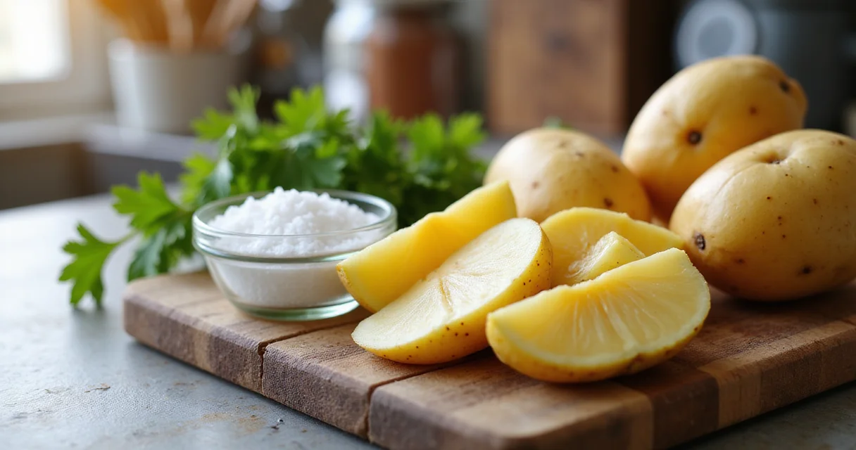 Mehrere gelbe Kartoffeln, teils aufgeschnitten, auf einem Holzbrett mit Schüssel Salz und Petersilie bei warmem Licht