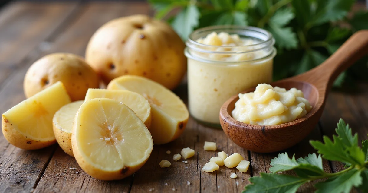 Mehrere Kartoffeln und ein Glas mit Kartoffel-Biokraftstoff auf einem Holztisch bei warmem Licht fotografiert.