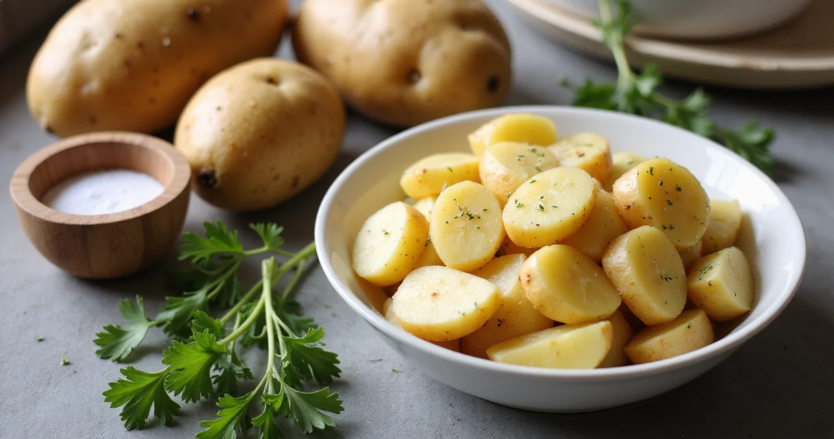 Ganze Kartoffeln und gekochte Kartoffelstücke mit Kräutern auf einem hellen Küchentisch, warm beleuchtet.