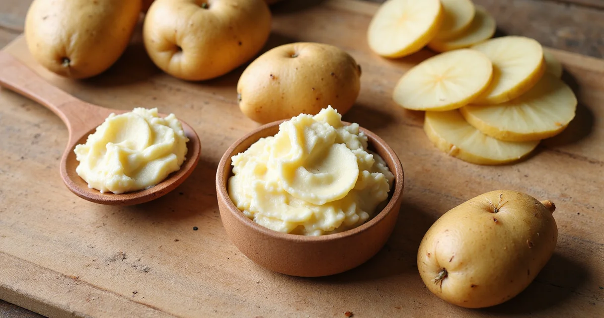 Mehrere Kartoffeln, Kartoffelscheiben und eine Schale mit Kartoffelmaske als Flatlay auf hellem Küchentisch.