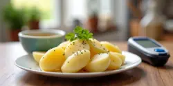 Gekochte Kartoffelscheiben mit Petersilie und Olivenöl auf hellem Küchentisch neben einem Blutzuckermessgerät