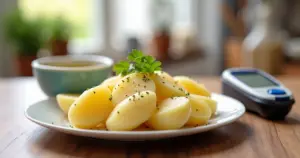 Gekochte Kartoffelscheiben mit Petersilie und Olivenöl auf hellem Küchentisch neben einem Blutzuckermessgerät