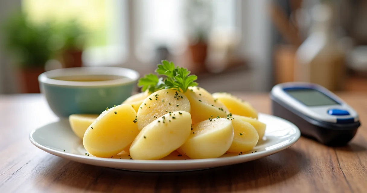 Gekochte Kartoffelscheiben mit Petersilie und Olivenöl auf hellem Küchentisch neben einem Blutzuckermessgerät