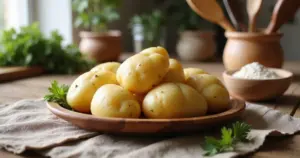Gekochte und gebackene Kartoffeln auf einem Holzteller mit glutenfreiem Mehl und Petersilie, hell beleuchtet auf Küchentisch