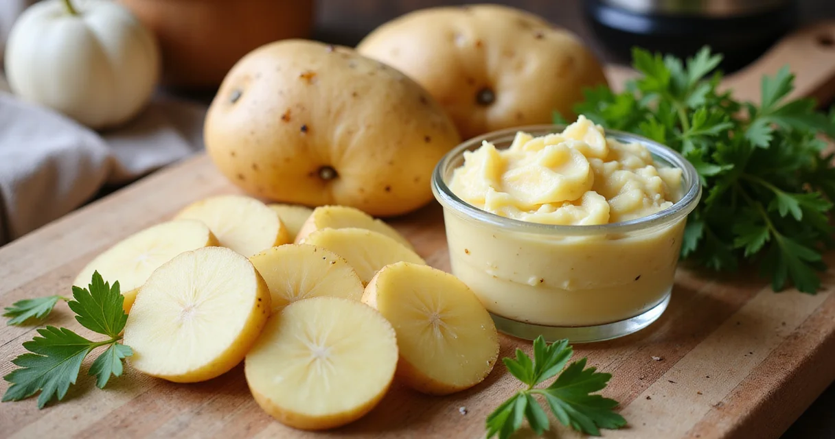 Frische Kartoffeln und geschnittene Kartoffelstücke auf hellem Küchentisch, professionell fotografiert bei natürlichem Licht.