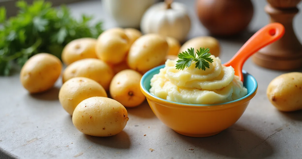 Gekochte Babykartoffeln und ein kleiner Teller Kartoffelbrei mit Kinderlöffel auf hellem Küchentisch.