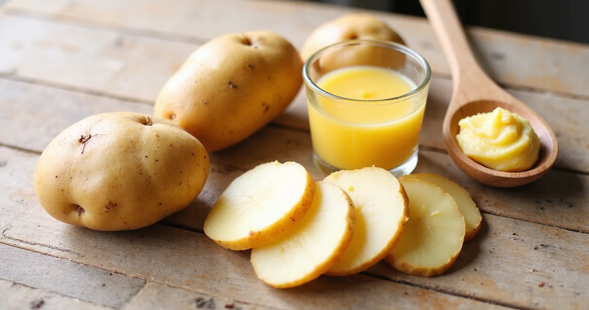 Mehrere rohe Kartoffeln und geschnittene Scheiben liegen auf hellem Küchentisch in natürlichem Licht.