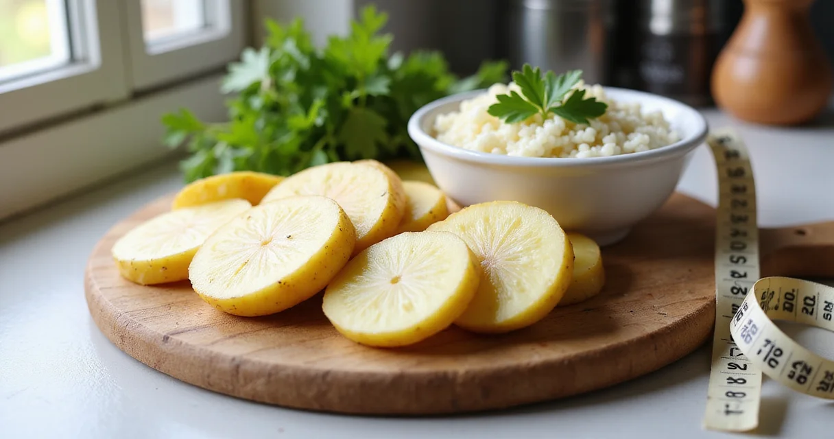Gekochte Kartoffeln mit Schale neben einer Schüssel Blumenkohlreis auf hellem Küchentisch, warm beleuchtet.