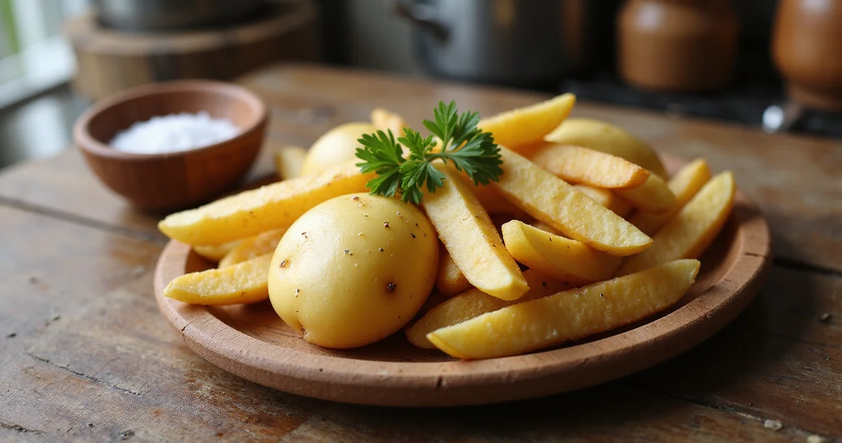 Boiled potatoes with skin and crispy french fries on a wooden table under warm natural light.