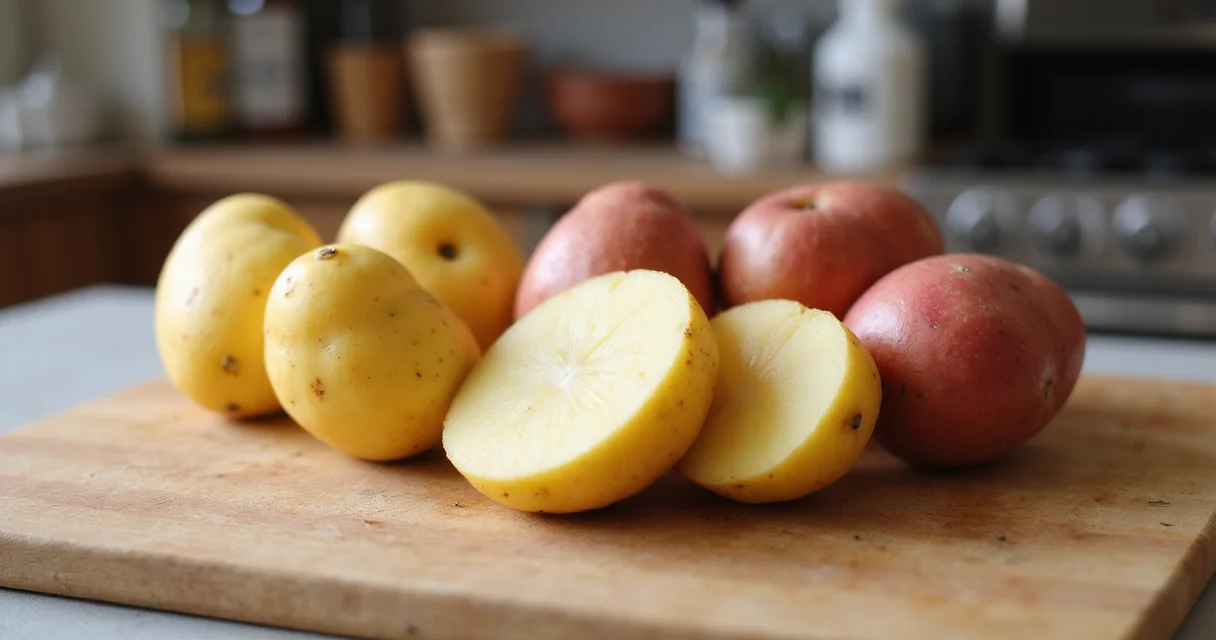 Verschiedene Kartoffelsorten liegen als Draufsicht auf einem rustikalen Holztisch und zeigen unterschiedliche Formen und Texturen.