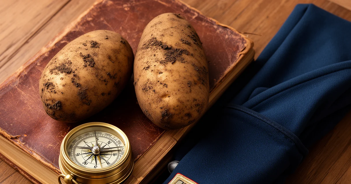 Historische Szene mit Kartoffeln, altem Buch und preußischer Uniform als Symbol für Friedrich den Großen