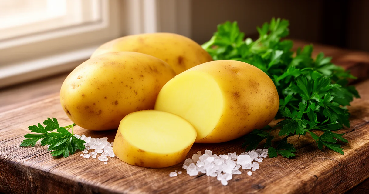 Ganze und aufgeschnittene Linda Kartoffeln mit gelber Schale und festem Fleisch auf einem rustikalen Holzbrett